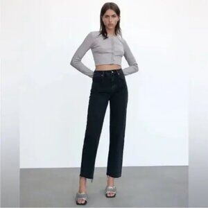 Zara High Rise Black Straight Leg Jeans Raw Hem Size 0